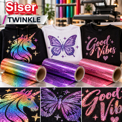 Hoodie licorne, t-shirt papillon et t-shirt Good Vibes personnalisés avec les flexs pailletés Siser Twinkle arc-en-ciel, violet et rose