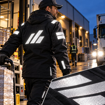 Agent logistique de nuit portant une veste de sécurité floquée de bandes rétroréfléchissantes Siser Thermoreflex 2000 avec gros plan