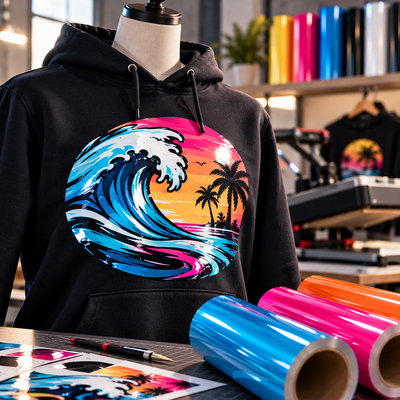Film de transfert textile Siser Vernice pour personnalisation de vêtements - Sweat à capuche noir avec motif vague et palmiers pressé à chaud dans un atelier