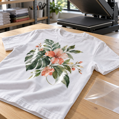 T-shirt blanc personnalisé d'un motif de fleurs d'hibiscus et feuilles tropicales avec finition brillante Siser Crystal