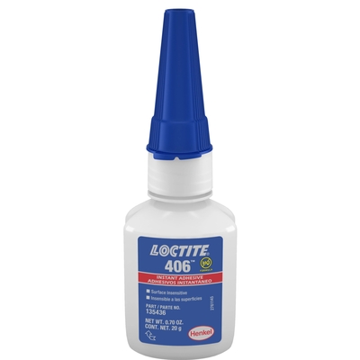 Loctite 406 : adhésif cyanoacrylate rapide, spécial substrats difficiles (plastiques, caoutchoucs)