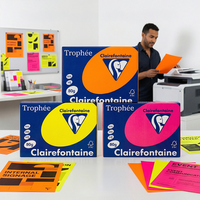 Trophée Fluo Clairefontaine – Ramette papier fluo A4 et A3, 3 couleurs fluorescentes, impression laser et jet d’encre.