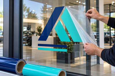 Pose de marquage vitrine en film polymère découpe DAO avec rouleaux de vinyle au premier plan