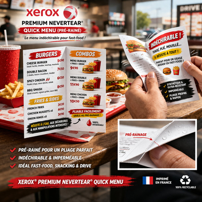 Xerox Premium NeverTear Quick Menu feuille polyester pré-rainée conçue pour l' impression laser. Indéchirable, imperméable et résistante aux tache