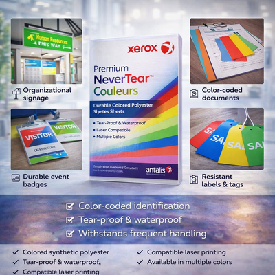 Xerox Premium NeverTear Couleurs – Feuille polyester synthétique colorée, indéchirable et compatible impression laser.