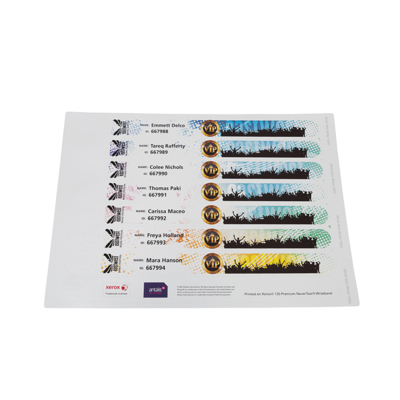 Film polyester pre-decoupe en bracelet- Xerox Premium NeverTear Wristbands- Impression de bracelets resistants- Impression numerique- bracelet pour evenements- Antalis