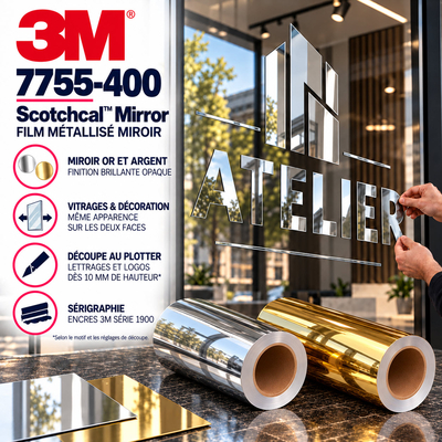 Infographie du film miroir coulé opaque 3M Scotchcal 7755-400 : finitions or et argent double face pour vitrophanie et lettrages découpés dès 10 mm
