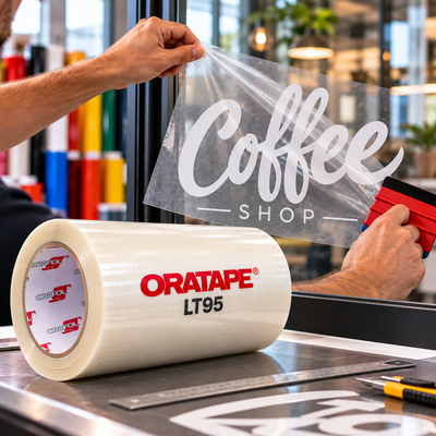 Rouleau de tape d'application transparent ORATAPE LT95 et marouflage à la raclette sur vitrine