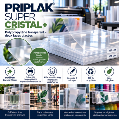 Film synthétique polypropylène transparent Priplak Super Cristal+ : empilement de feuilles glacées 350 et 450 microns pour coffrets, PLV et papeterie