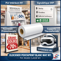 Klockner Pentaprint Blanc Mat M1 – Film PVC rigide classé M1, surface mate pour PLV et signalétique conforme ERP.