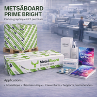 MetsäBoard Prime Bright – Carton FBB GC1 haute blancheur, léger et rigide pour packaging et impression premium.