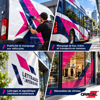 Exemples d'applications du film polymère ORACAL 551 : marquage de véhicule utilitaire, bus, signalétique et vitrine