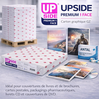 Upside Premium 1 Face, gamme de cartons graphiques, pure cellulose, couchée une face. La blancheur élevée (133 CIE) et la rigidité de l'Upside Premium 1 Face