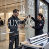 Poseurs en uniforme 3M appliquant un lettrage haut de gamme Luxe & Co en vinyle miroir 3M Scotchcal 8855 sur une vitrine de boutique