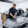 Poseur préparant et nettoyant la carrosserie d'un capot avant la pose d'un film 3M Wrap Film 2080