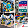 Mosaïque d'applications du film monomère Avery Dennison 500 EF : vitrine événementielle, signalétique intérieure, stand d'exposition et stickers découpés
