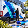 Technique de marouflage d'un film adhésif polymère Avery Dennison 700 bleu sur la carrosserie d'un fourgon utilitaire