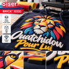 Sweat à capuche bleu marine floqué d'une tête de lion multicolore et typographie Ouatchidou Pour Lui en flex 3D Siser Brick 1000 de 1 mm d'épaisseur