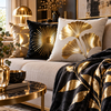 Film de transfert textile doré Chemica Hotmark Metallic pour décoration - Coussins motif soleil et feuilles de ginkgo métallisées dorées dans un intérieur élégant