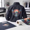 Veste technique noire avec motif montagne et ailes déployées, échantillon textile et rouleau de flex Siser Colorprint PU Extra SP