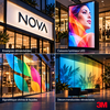 Mosaïque d'applications du film 3M Envision 3735 : enseigne rétroéclairée NOVA, caisson lumineux LED, signalétique de vitrine et décors intérieurs
