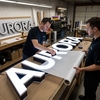 Assemblage en atelier des lettres boîtier lumineuses Aurora avec le film coulé satiné 3M Envision 3735 appliqué à la raclette