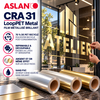 Infographie du film métallisé brillant Aslan CRA 31 LoopPET sans PVC : 70 % de PET recyclé, rendu or et argent double face appliqué en vitrophanie