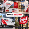 Mosaïque d'applications du film monomère MACal 8200 Pro : stand d'exposition, marquage de véhicule utilitaire et panneau de soldes