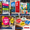 Mosaïque d'applications du film monomère ORACAL 641 : signalétique directionnelle, vitrine promotionnelle, stand et stickers