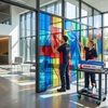 Poseurs appliquant des lés de vinyle transparent coloré ORACAL 8300 rouge, bleu et jaune pour un décor effet vitrail sur vitrine de magasin