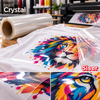 T-shirt blanc imprimé d'un lion multicolore recouvert du flex transparent ultra-brillant Siser Crystal avec rouleau et détails de texture