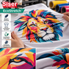 Mains étirant un t-shirt imprimé d'une tête de lion multicolore pour illustrer l'élasticité du flex Siser EcoStretch