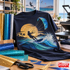 T-shirt noir personnalisé avec motif kitesurf en flex pailleté Siser Glitter entouré de rouleaux thermocollants dorés et bleus
