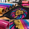 T-shirt noir avec tête de lion multicolore en flex pailleté Siser Sparkle et rouleaux de couleurs assorties