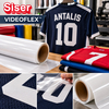 Maillot de sport bleu floqué du nom Antalis et numéro 10 en flex Siser Videoflex avec rouleau et détails d'application