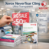Xerox Premium NeverTear Cling Ultra Transparent – Film polyester repositionnable indéchirable, impression laser, retrait sans résidu.